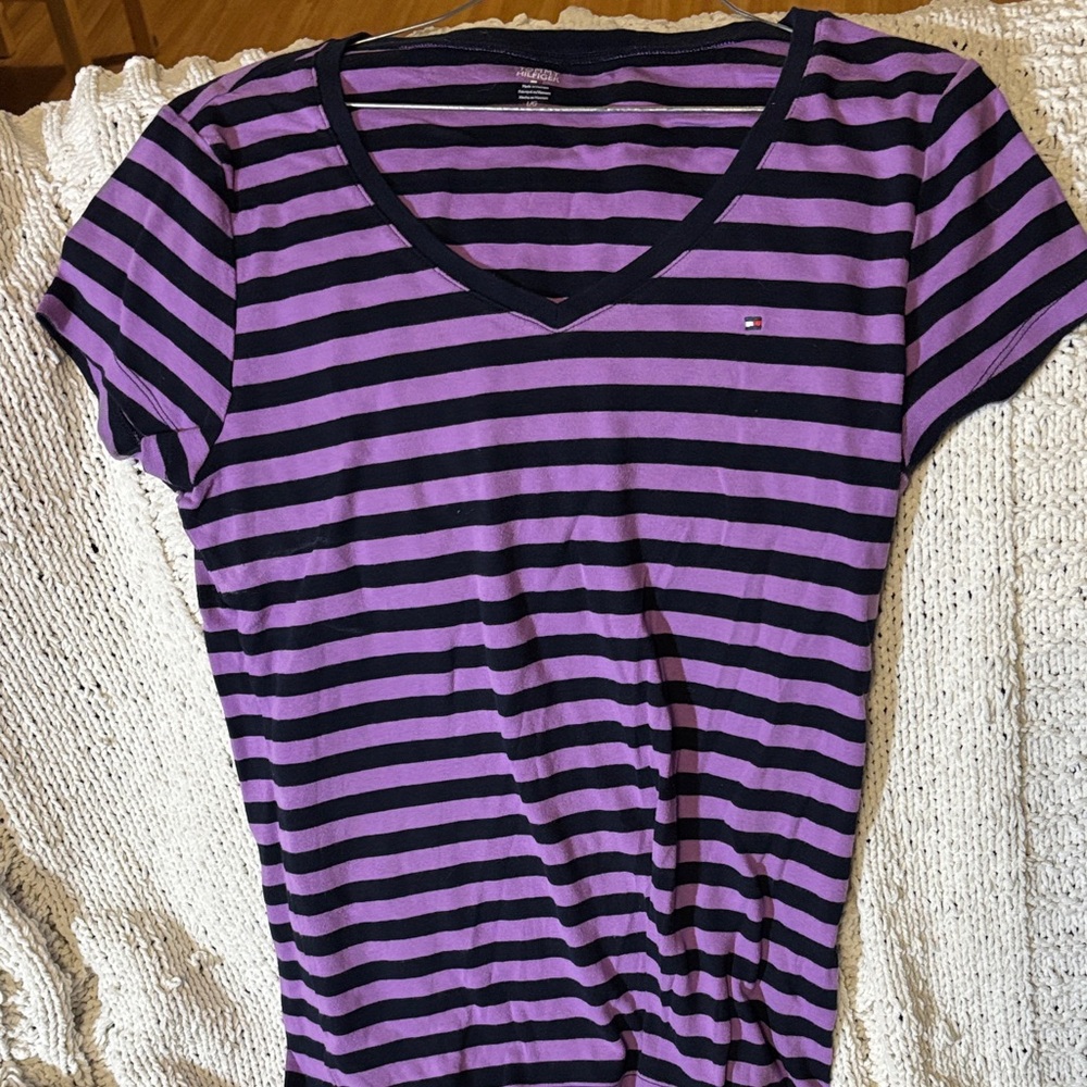 Tommy Hilfiger Purple and Black Striped V-Neck Tee